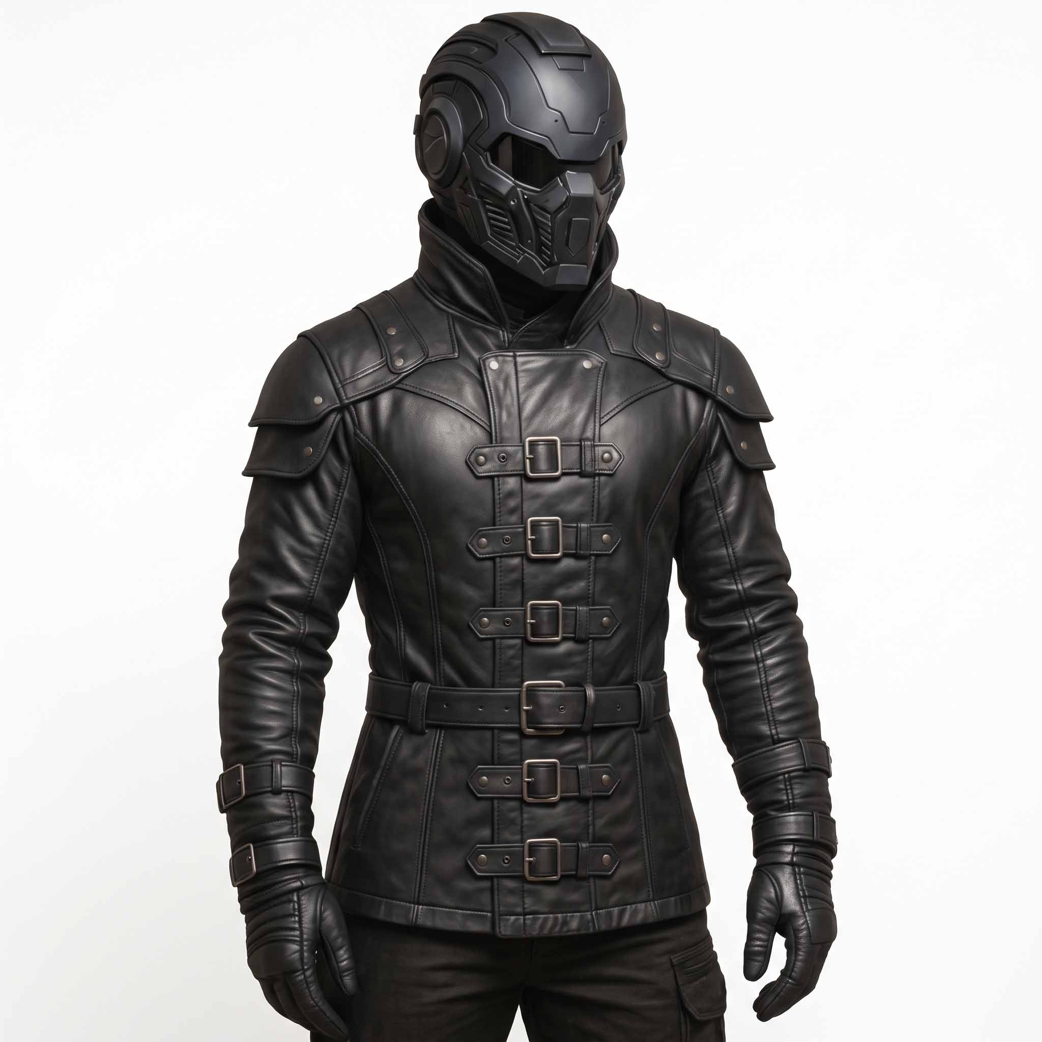 Close up front view of mens black genuine leather armor coat highlighting metal roller buckles, rivets, and articulated collar design