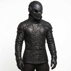 Close up front view of mens black genuine leather armor coat highlighting metal roller buckles, rivets, and articulated collar design