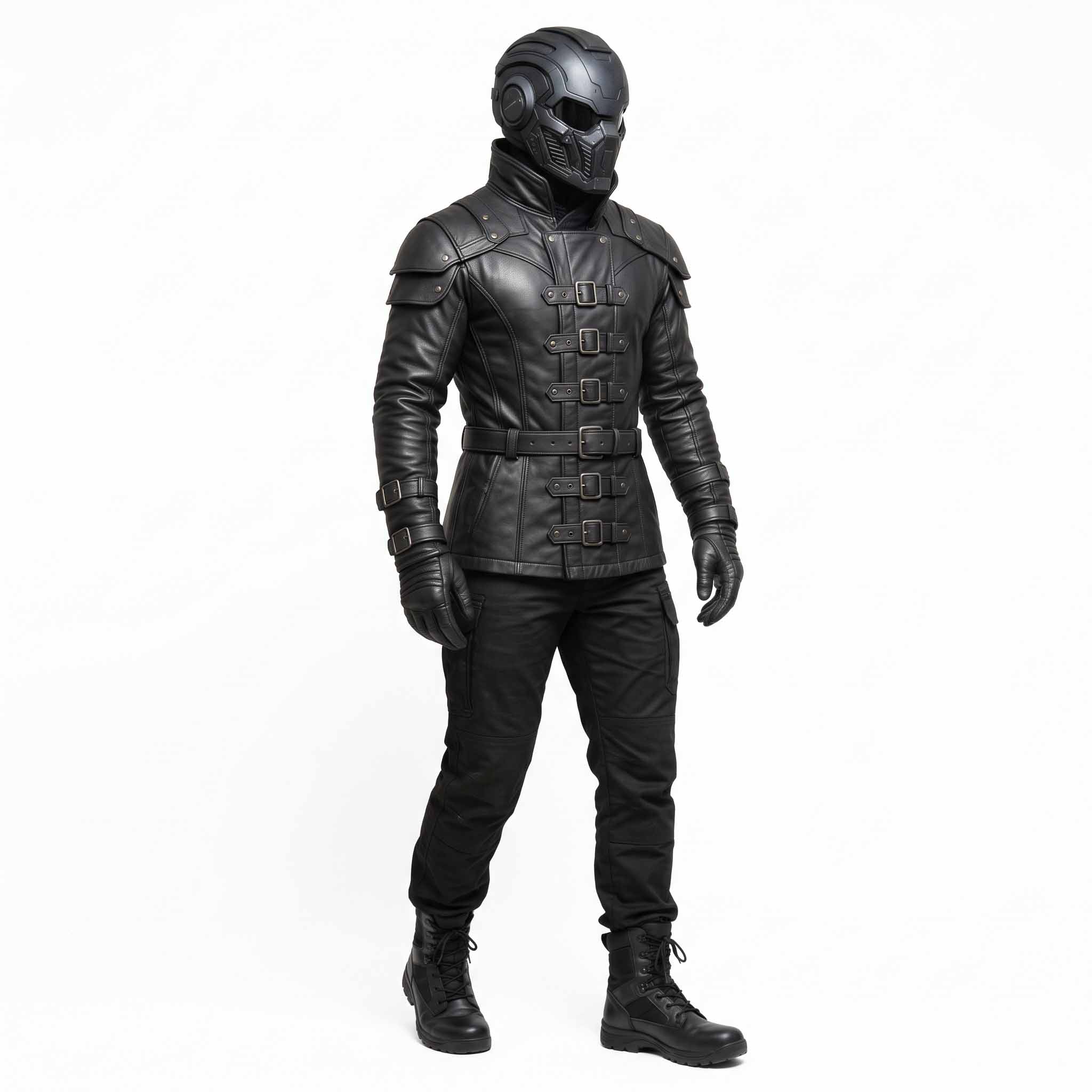 Full length studio shot of warrior wearing black leather cyberpunk costume jacket paired with black combat trousers and tactical boots