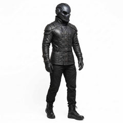 Full length studio shot of warrior wearing black leather cyberpunk costume jacket paired with black combat trousers and tactical boots
