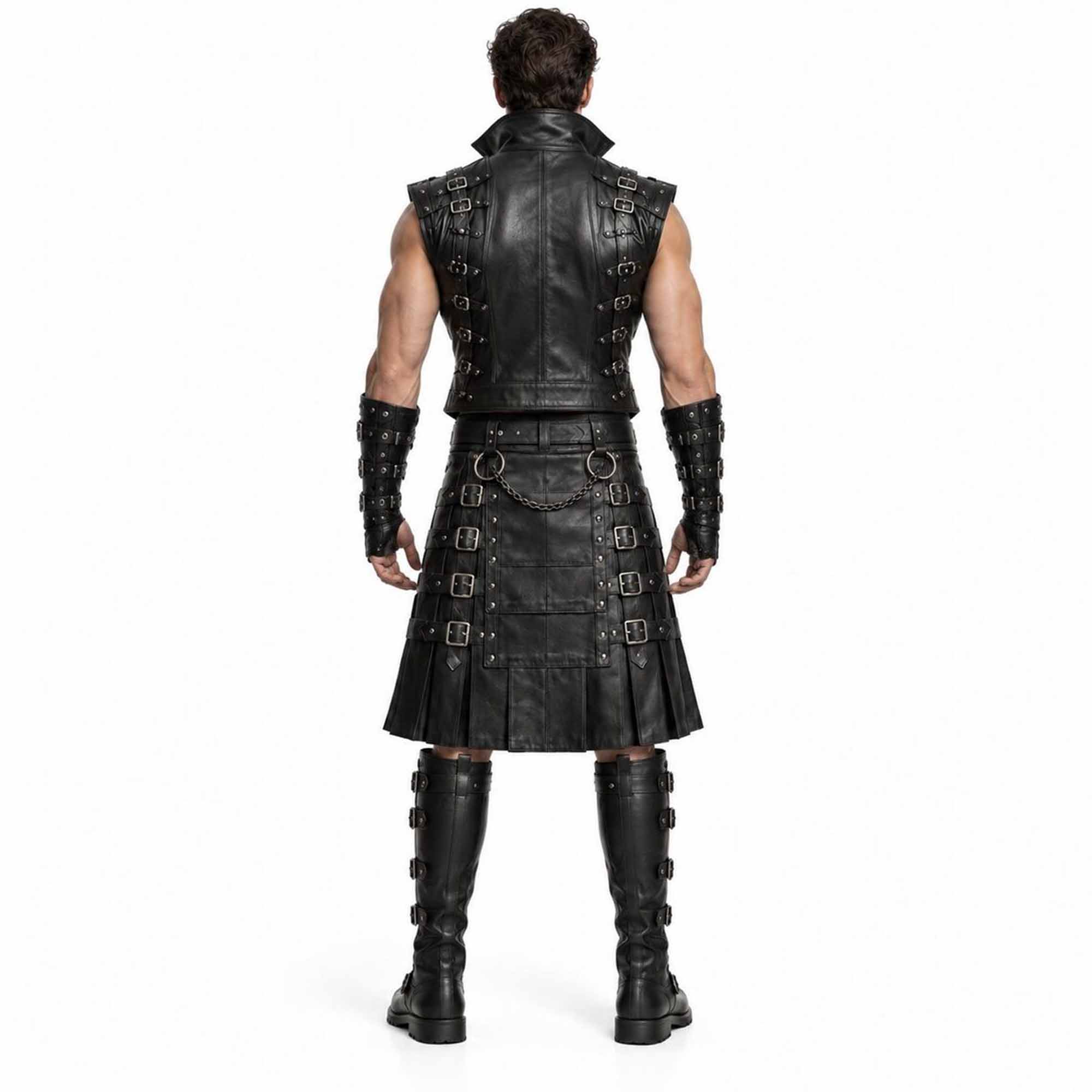 Rear view of the men's black leather warrior costume highlighting the tailored back vest panel, pleated kilt construction, draped waist chains, and buckled arm guards.
