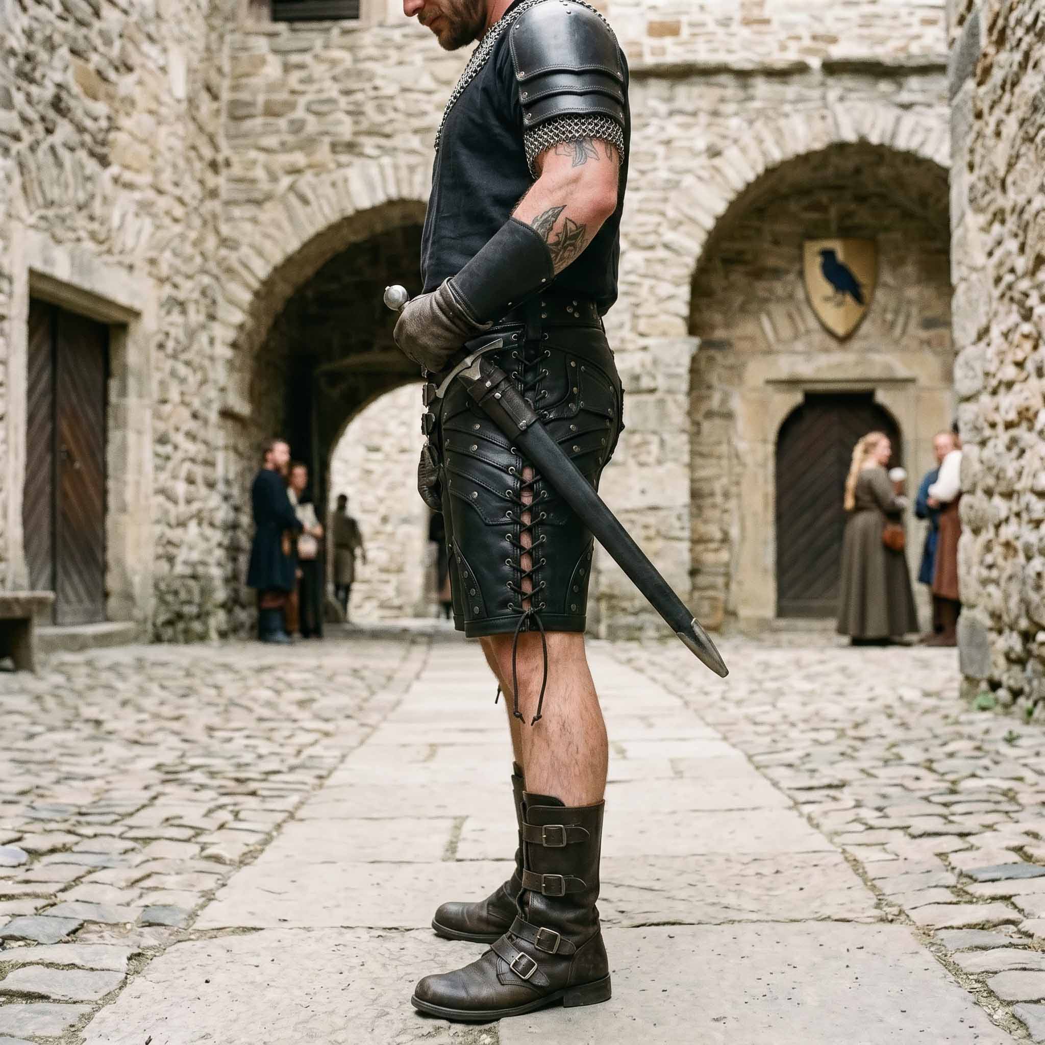 Side profile view of warrior holding sword scabbard showing tiered hip armor lames and outer thigh eyelet lacing on black leather shorts