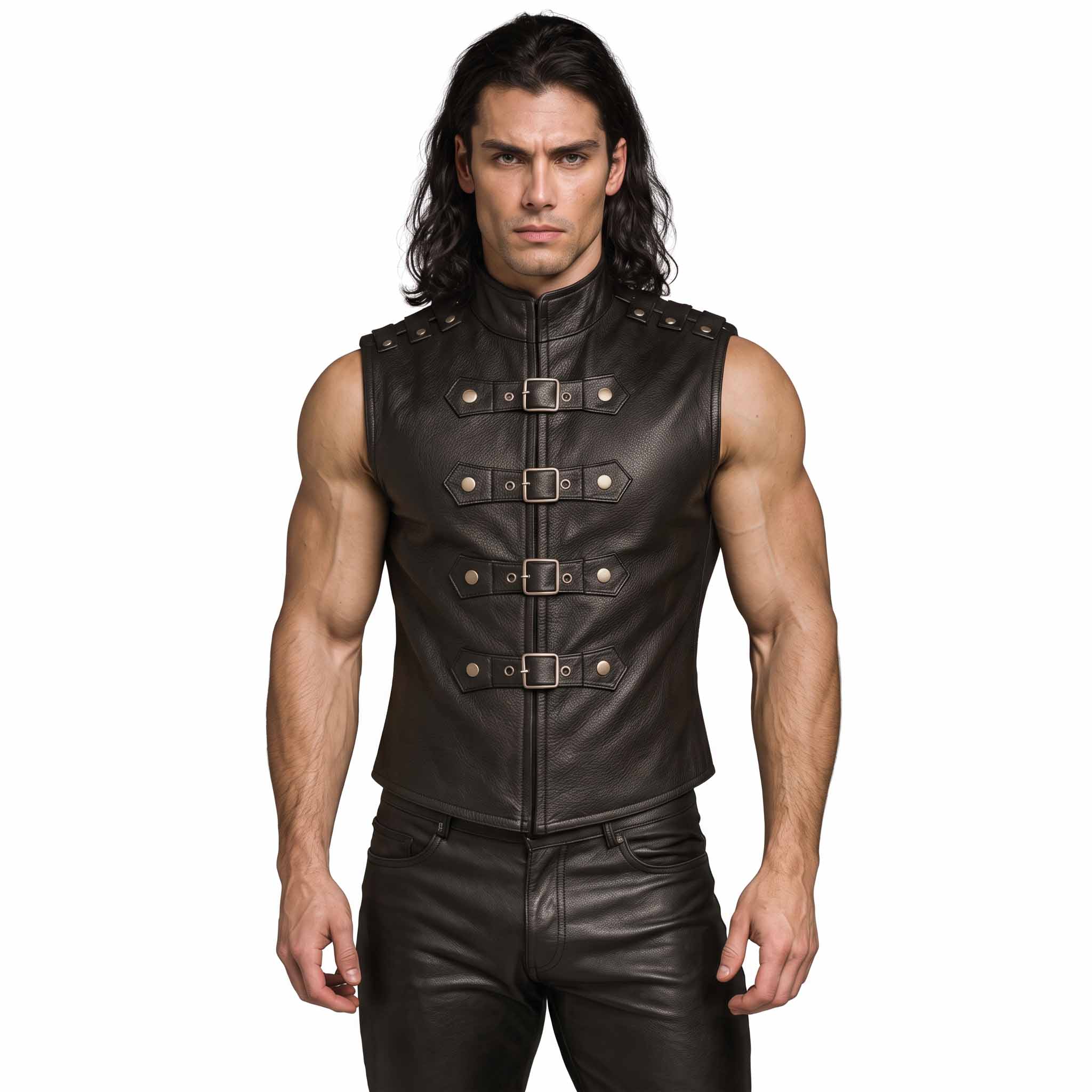 Full front view of muscular athletic man wearing handmade black cowhide leather gothic vest with four roller buckles and high stand collar