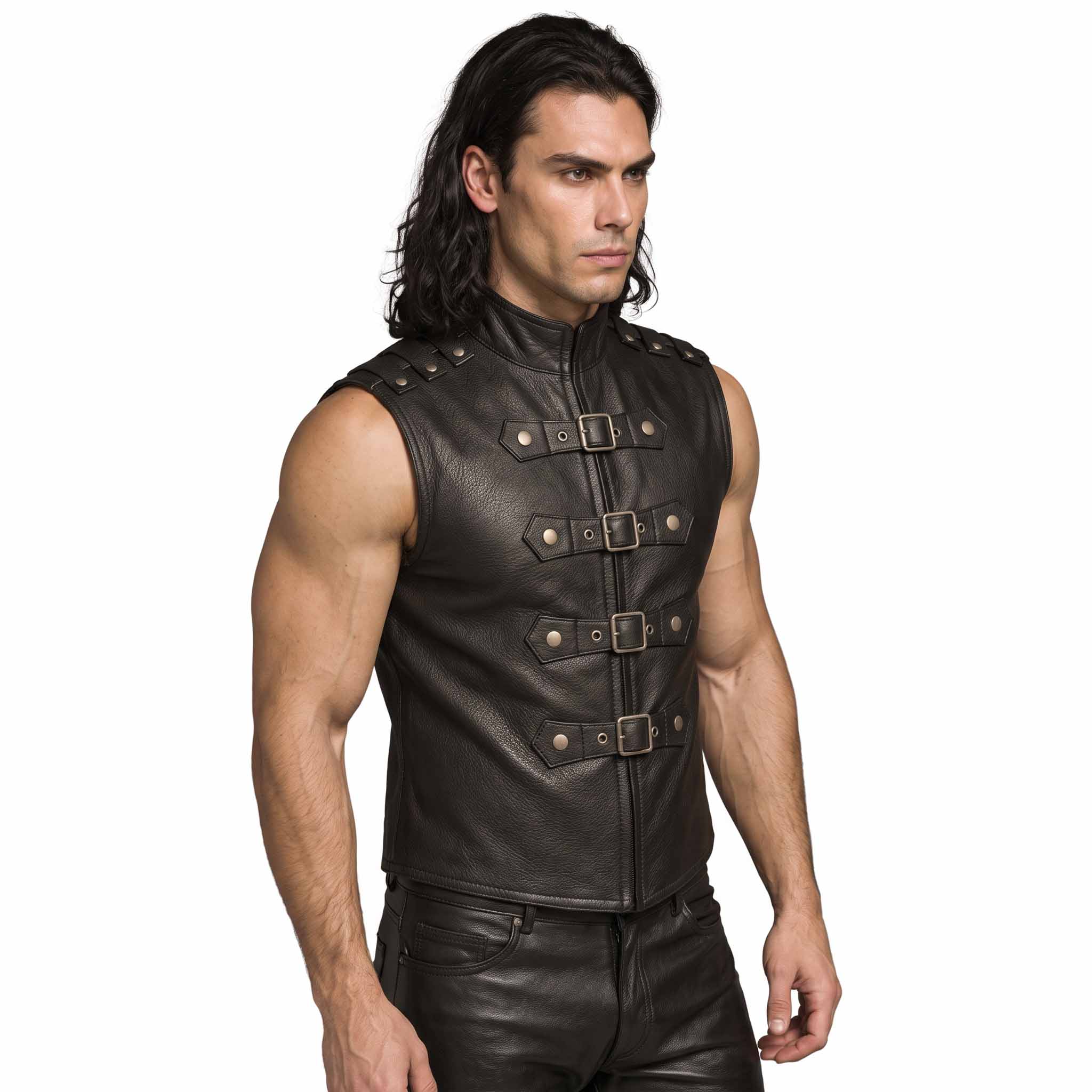 Front three quarter perspective of man modeling black leather steampunk waistcoat showing front zipper placket and studded shoulder straps