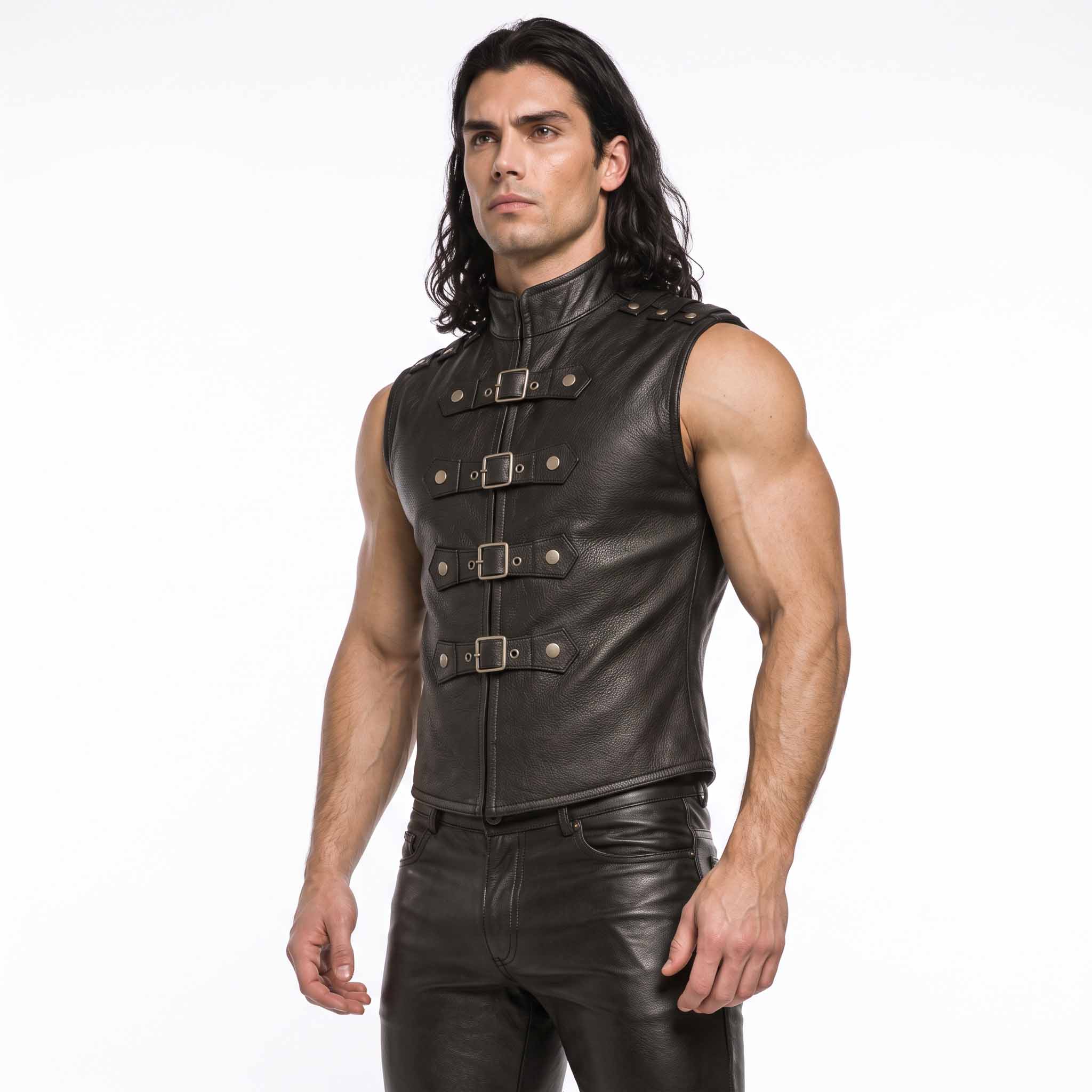 ide three quarter studio angle of man wearing tailored black leather punk rock vest highlighting deep armholes and roller buckle straps