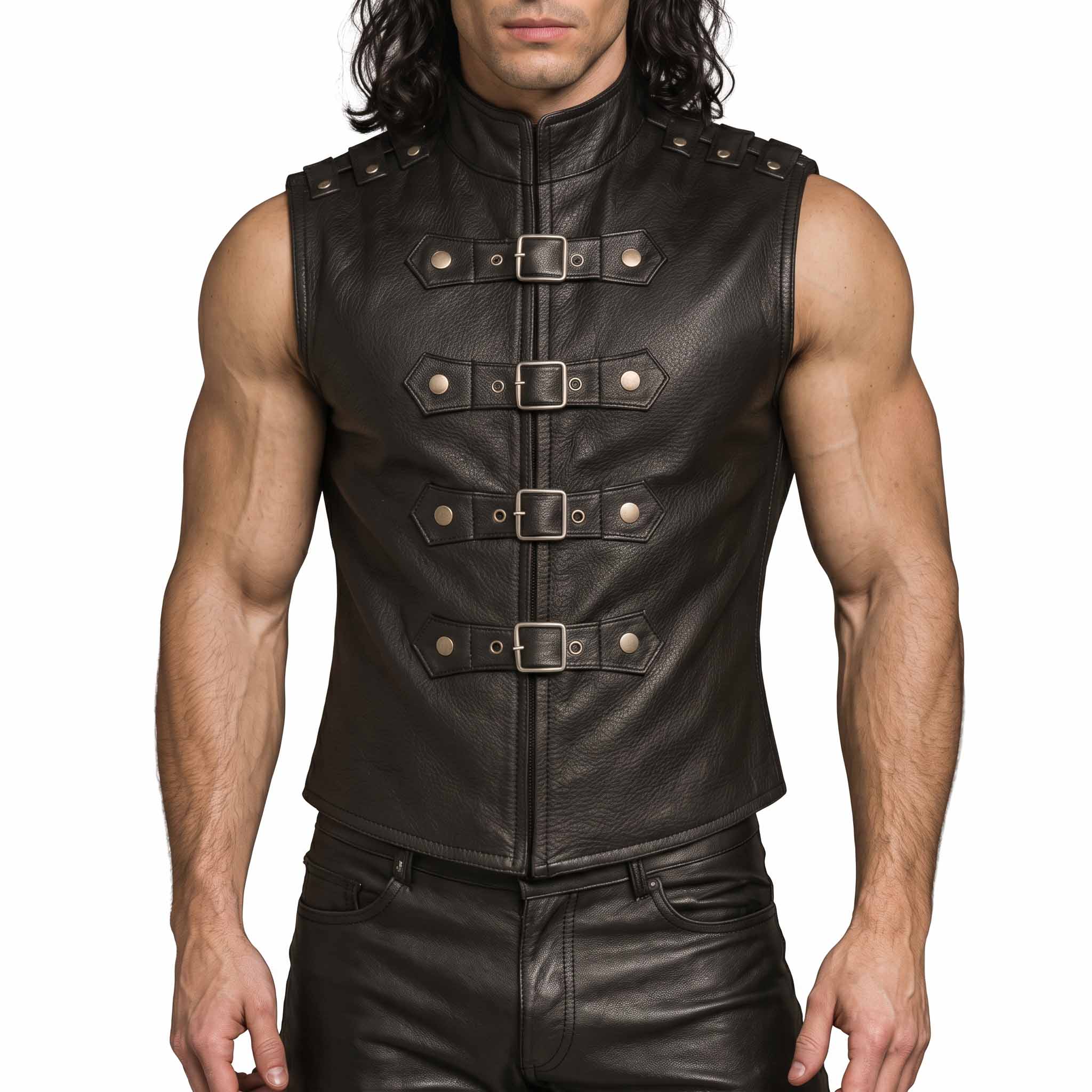 Close up front view of mens black cowhide leather gothic vest detailing high mandarin collar, central zipper, and four horizontal metal roller buckles