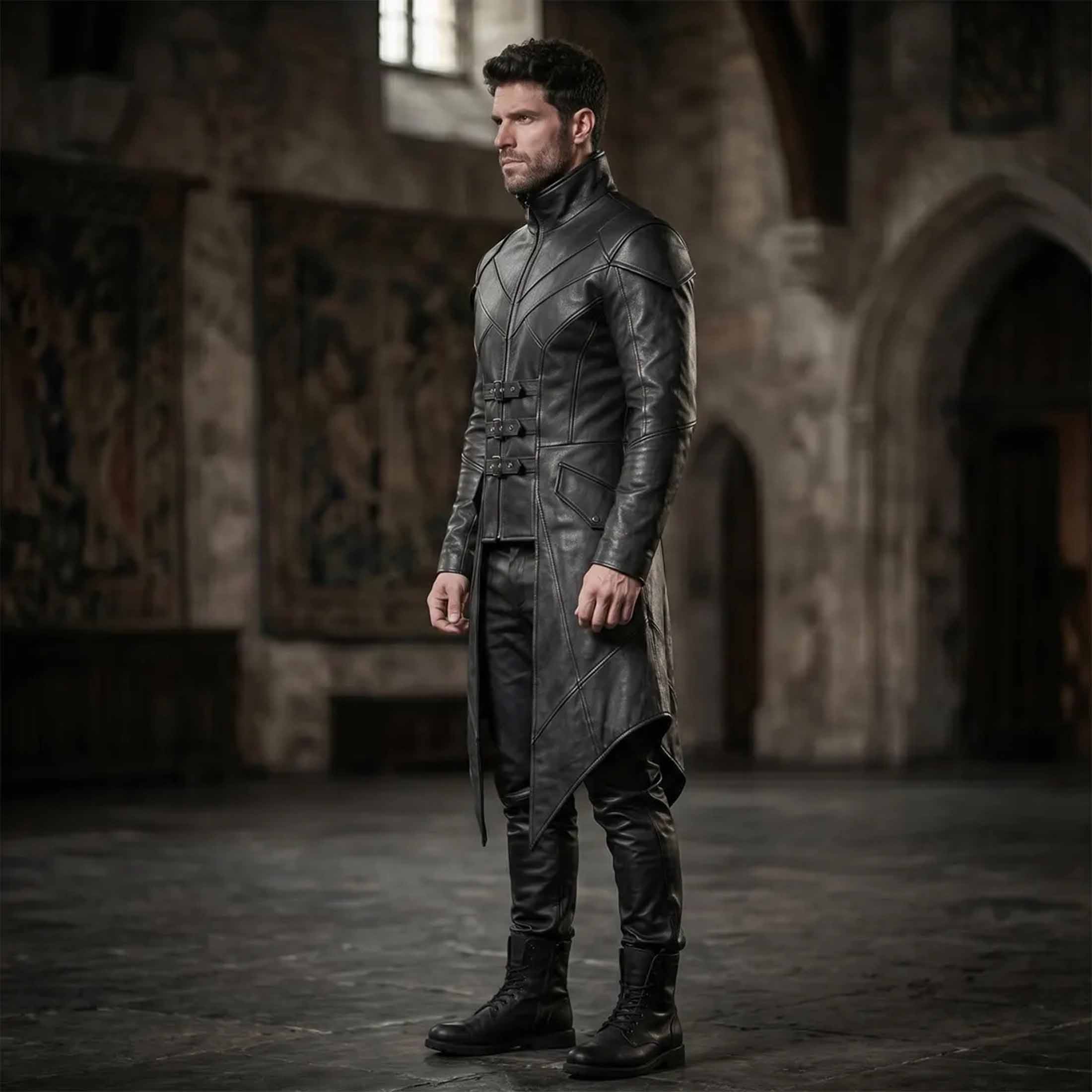 Side profile angle of men black leather steampunk warrior coat displaying layered shoulder guards and long split duster hemline