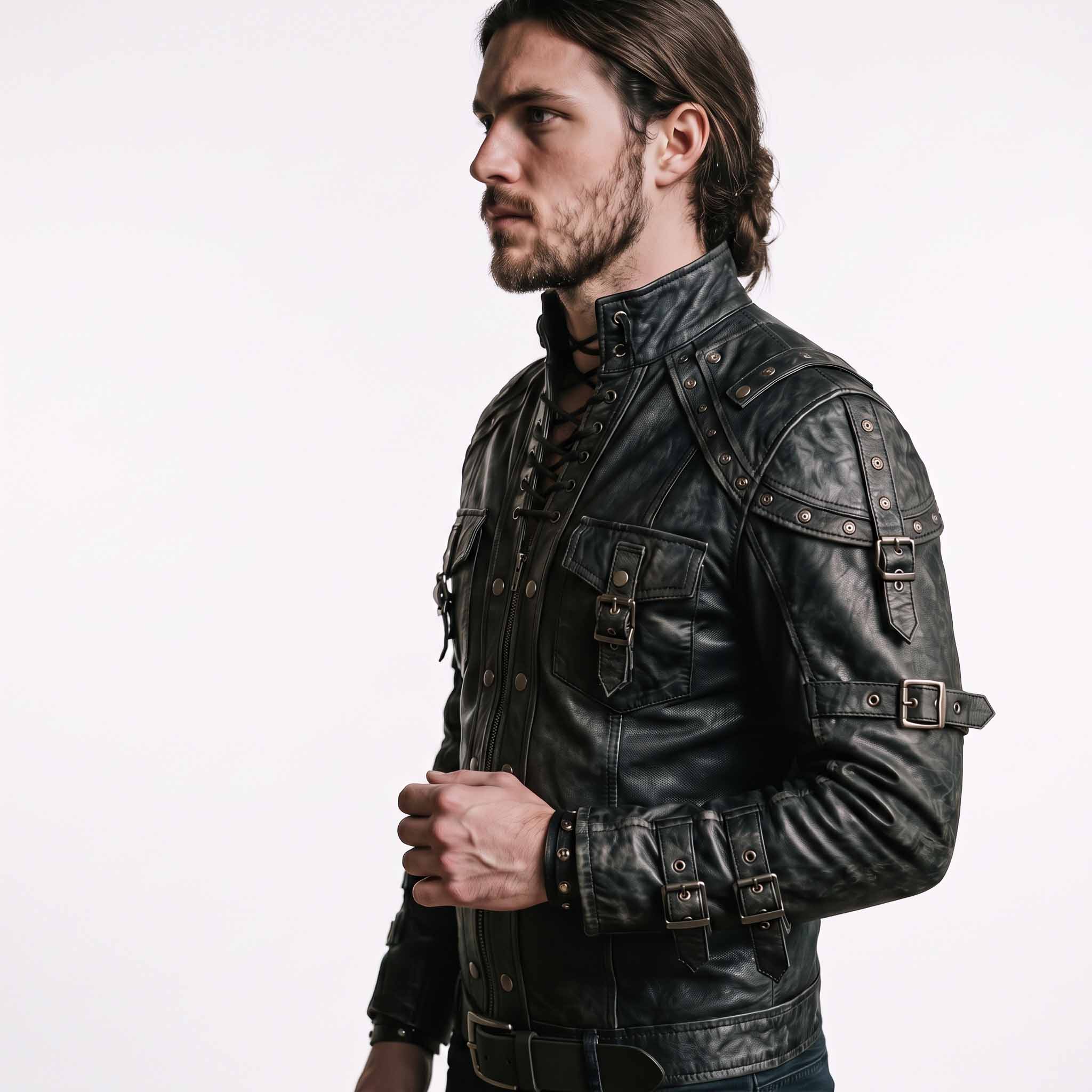 Three quarter close up shot of black leather warrior jerkin detailing high mandarin collar, chest lacing, and antique roller buckles on forearms