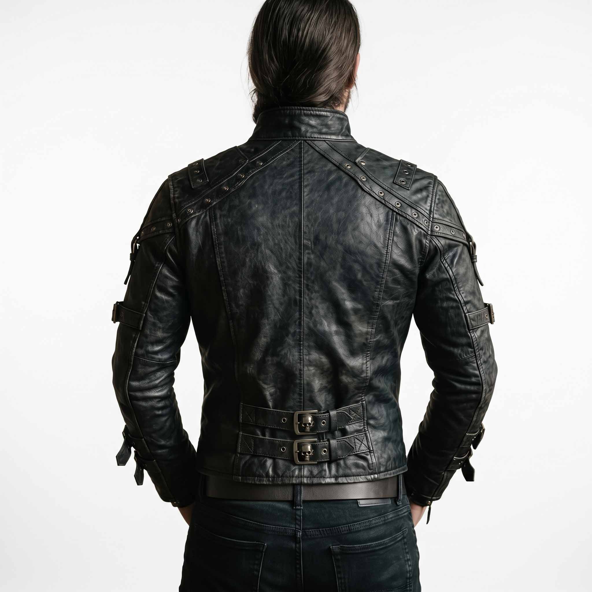 Back view of man wearing tailored black leather gothic jacket highlighting studded shoulder yoke seams and dual lower back cinch straps with metal roller buckles