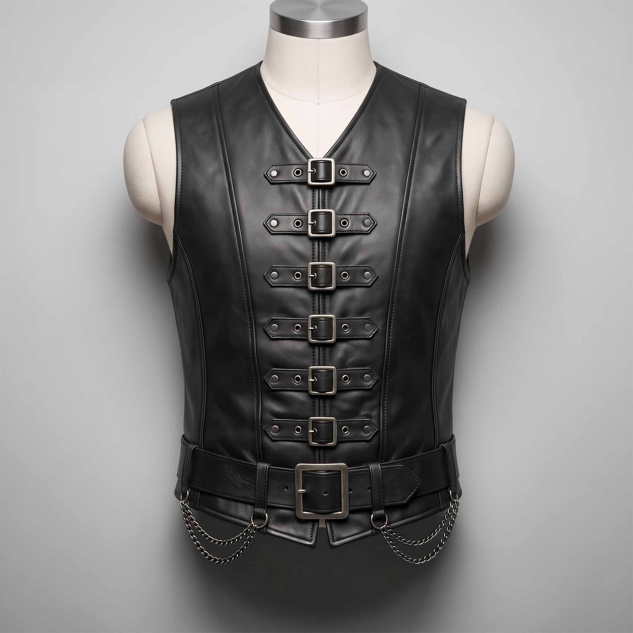 Front view of handmade men's black leather gothic steampunk vest featuring six front buckles, wide waist belt, and hanging metal chains on a tailor mannequin.