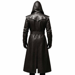 Direct back view of black genuine leather hooded duster coat showing geometric pointed storm flap yoke, waist belt, and tall center walking vent