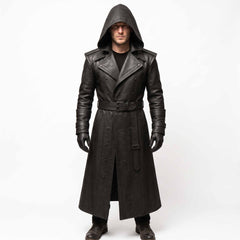 Full front view of man wearing handmade black cowhide leather hooded trench coat with double breasted lapel, waist belt, and leather gloves