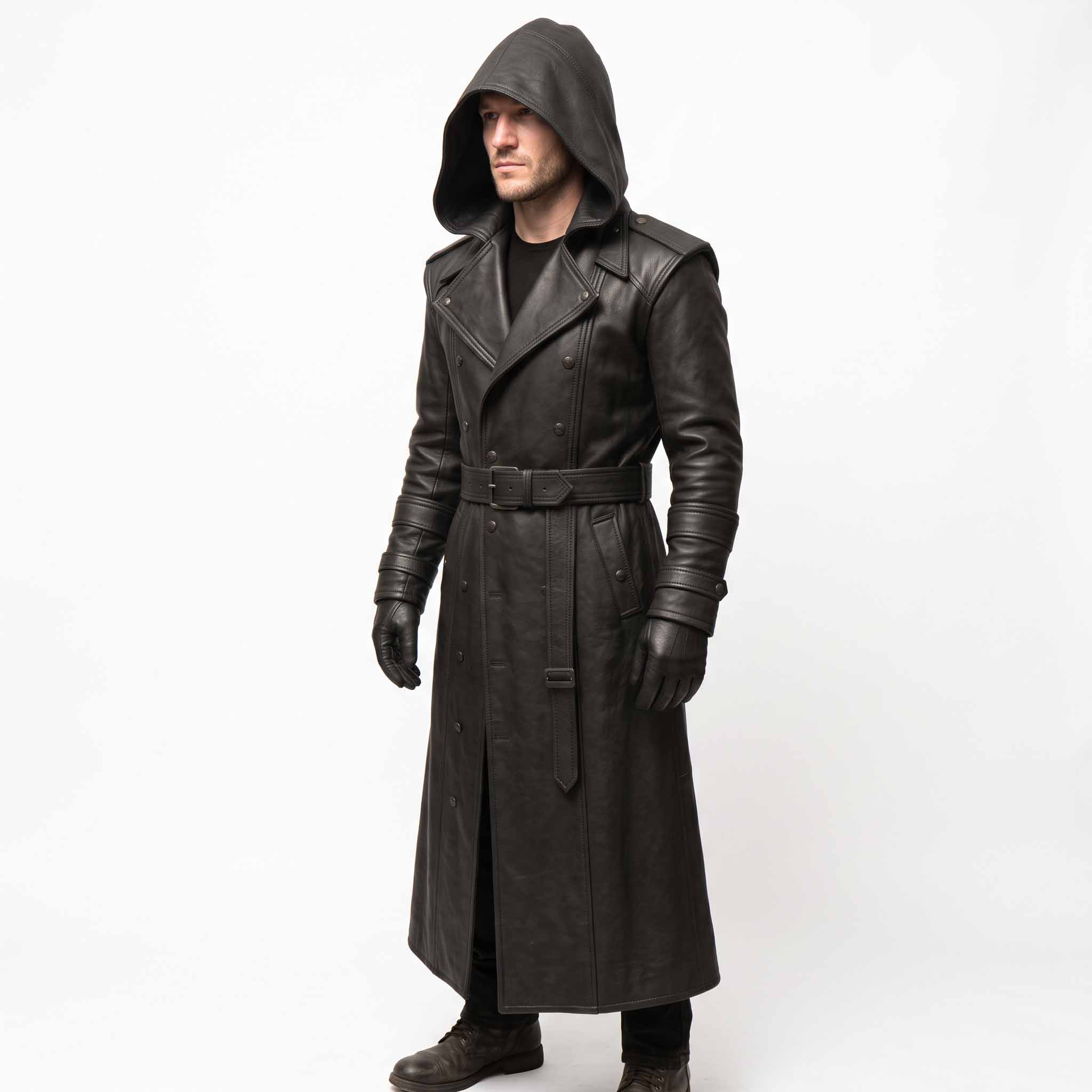 Front three quarter perspective of male model wearing long black leather gothic duster coat showing deep cowl hood and side waist pockets