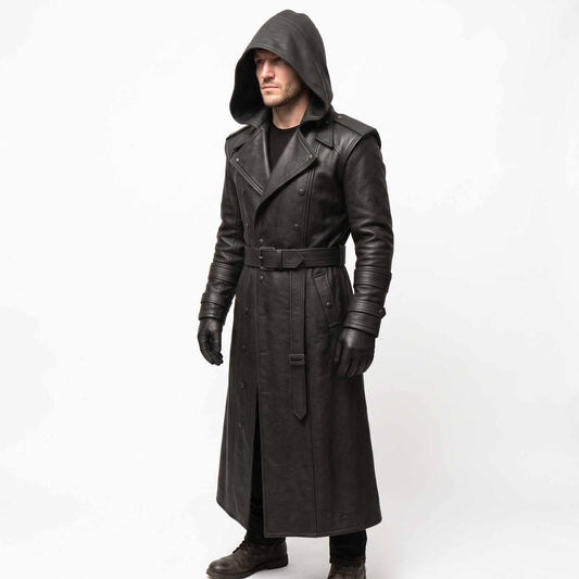 Front three quarter perspective of male model wearing long black leather gothic duster coat showing deep cowl hood and side waist pockets