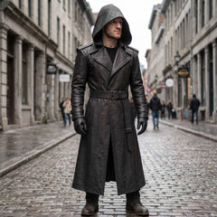 Three quarter street perspective of man in black genuine leather gothic trench coat posing on European city cobblestone avenue