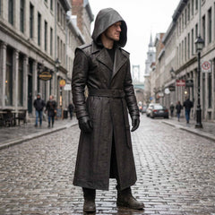 Low angle full body shot of man wearing belted black cowhide leather duster walking confidently down old town stone alley