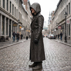 Side profile view of male model in long black leather assassin coat walking through historic urban street setting
