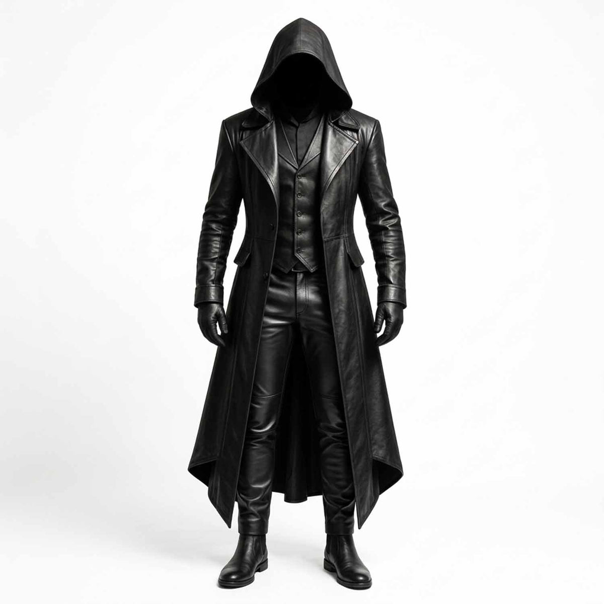 Men's Black Cowhide Leather Hooded Trench Coat | Gothic Long Winter Duster