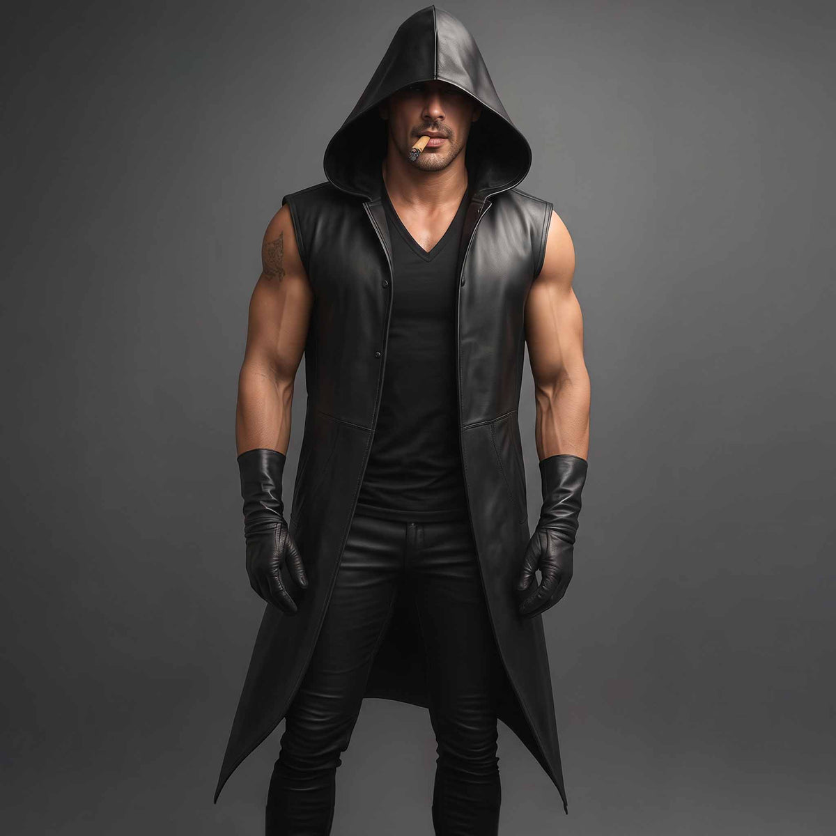 Full length front shot of athletic muscular man wearing handmade black sheepskin leather hooded vest with pointed hem and gauntlet gloves