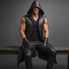 Muscular man seated on wooden bench wearing black leather assassin hooded vest and matching leather trousers on grey studio background