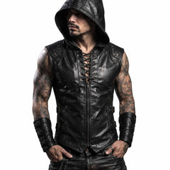 Front three quarter perspective of muscular man in black genuine leather hooded vest displaying adjustable side buckles and chest eyelet cord lacing