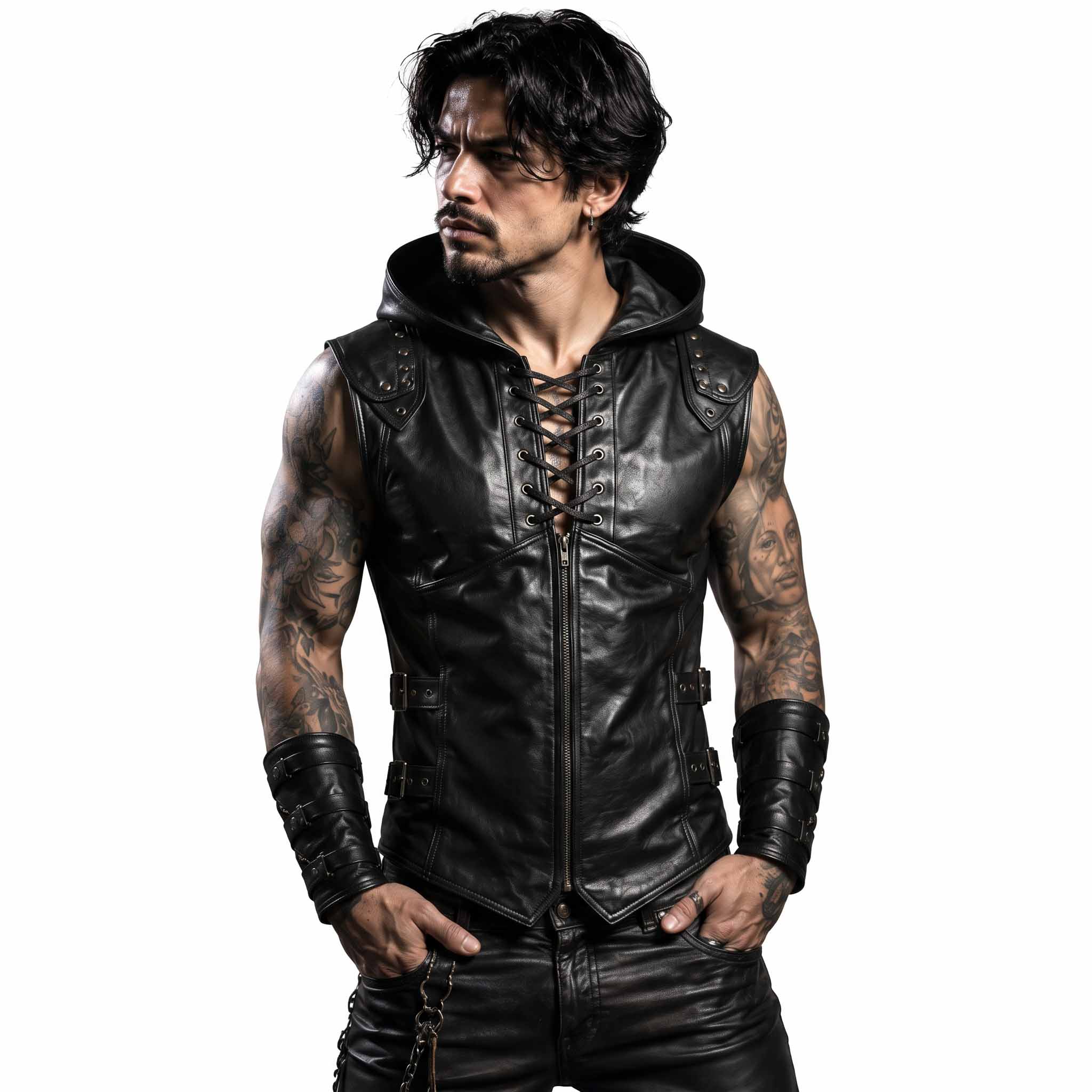 Front studio portrait of bearded man wearing tailored black leather biker vest with hood resting on shoulders and hands in pockets