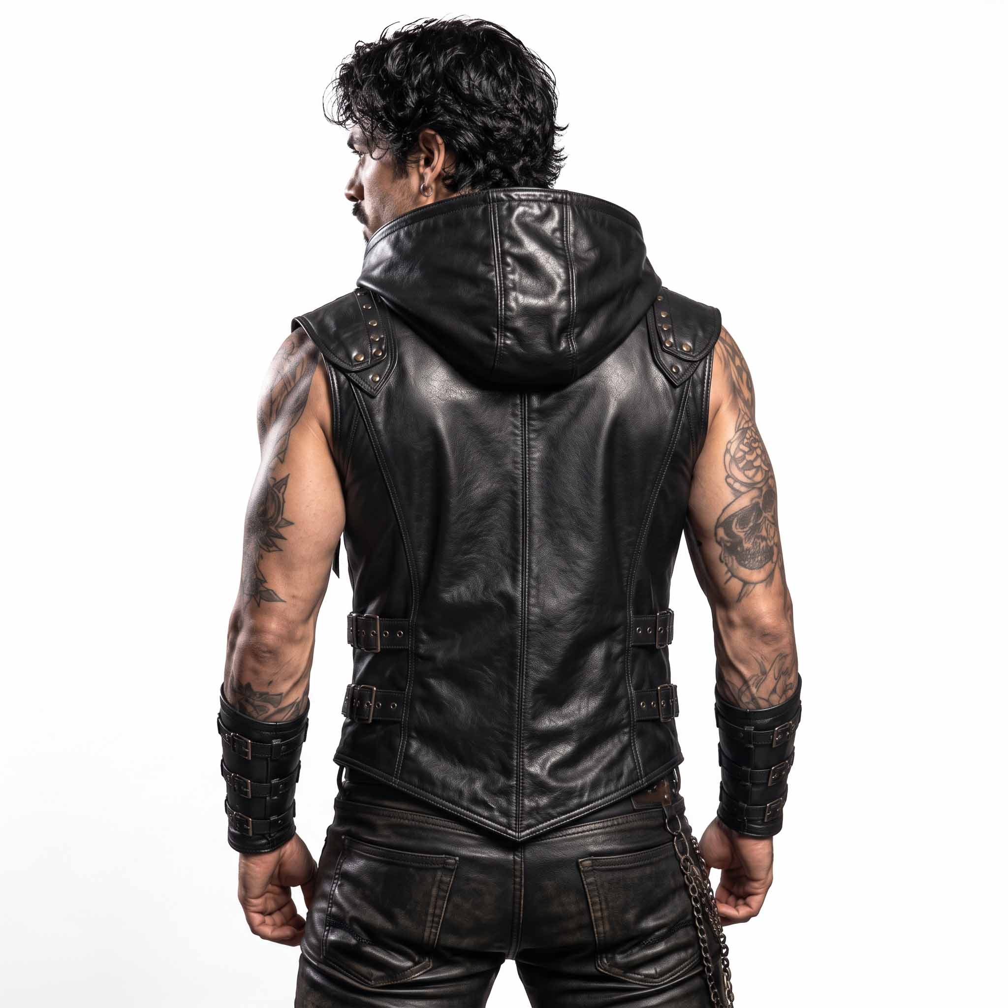 Back view of man modeling black leather gothic waistcoat showing integrated hood, studded shoulder caps, and dual side cinch buckle straps