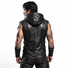 Back view of man modeling black leather gothic waistcoat showing integrated hood, studded shoulder caps, and dual side cinch buckle straps