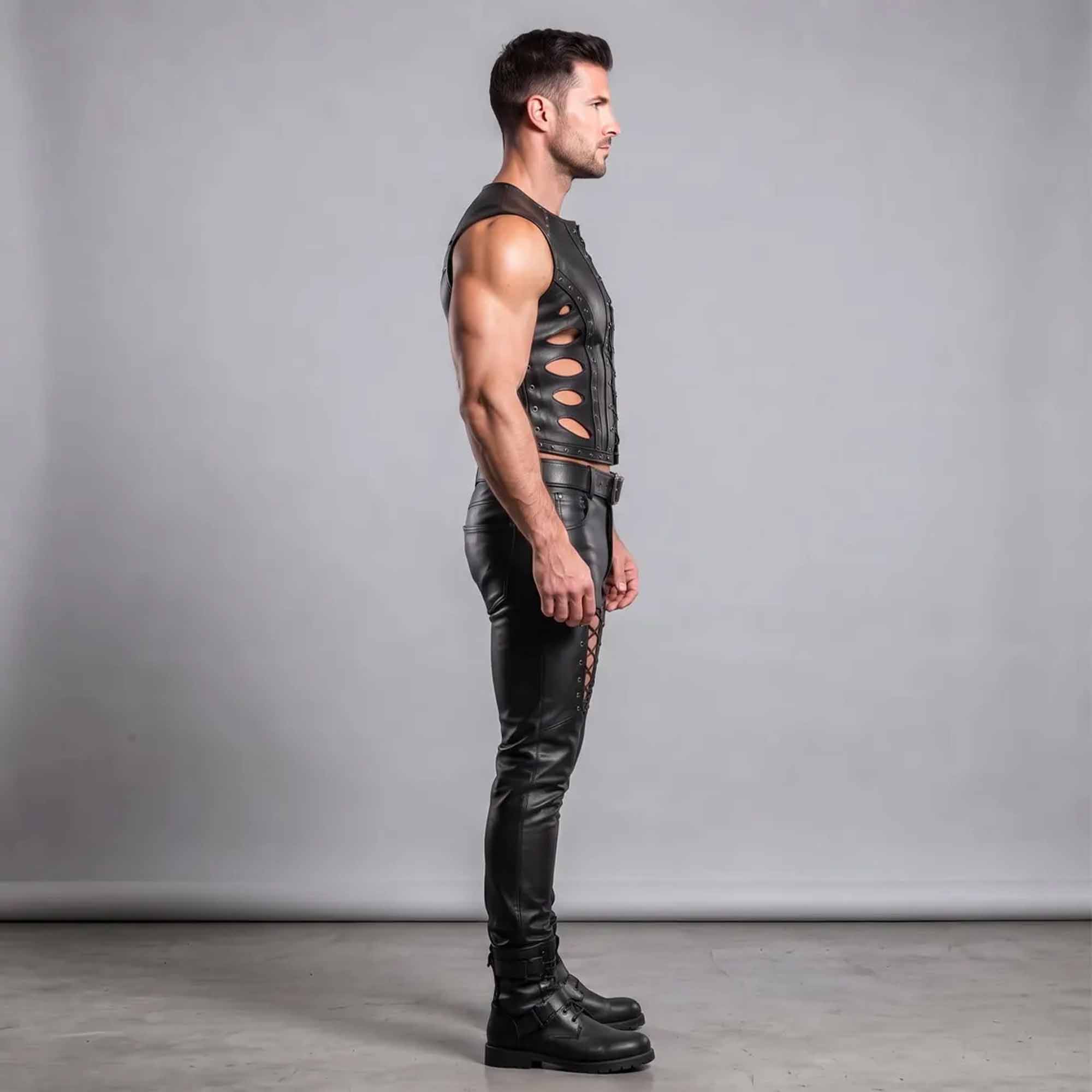 Side view displaying waist cutout details on black leather sleeveless shirt and laced upper thigh pants