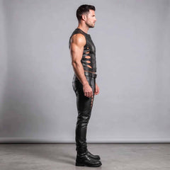 Side view displaying waist cutout details on black leather sleeveless shirt and laced upper thigh pants