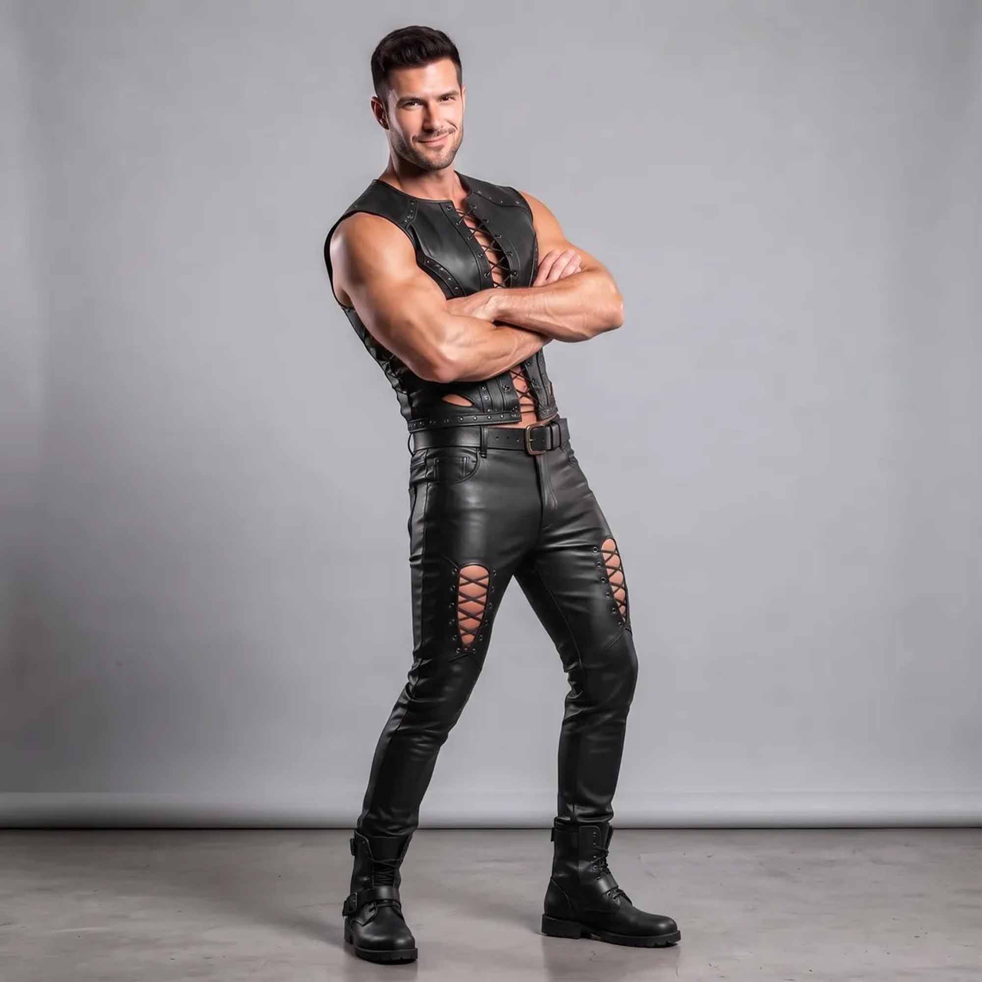 Athletic model wearing custom-tailored black leather gothic punk two-piece outfit with metal eyelets
