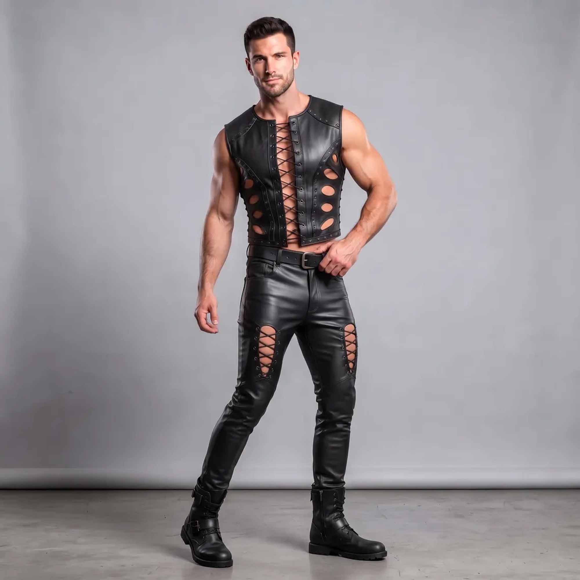 Close dynamic view of men's lace-up gothic leather vest and matching slim fit cutout pants