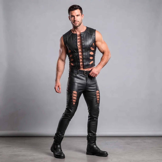 Close dynamic view of men's lace-up gothic leather vest and matching slim fit cutout pants