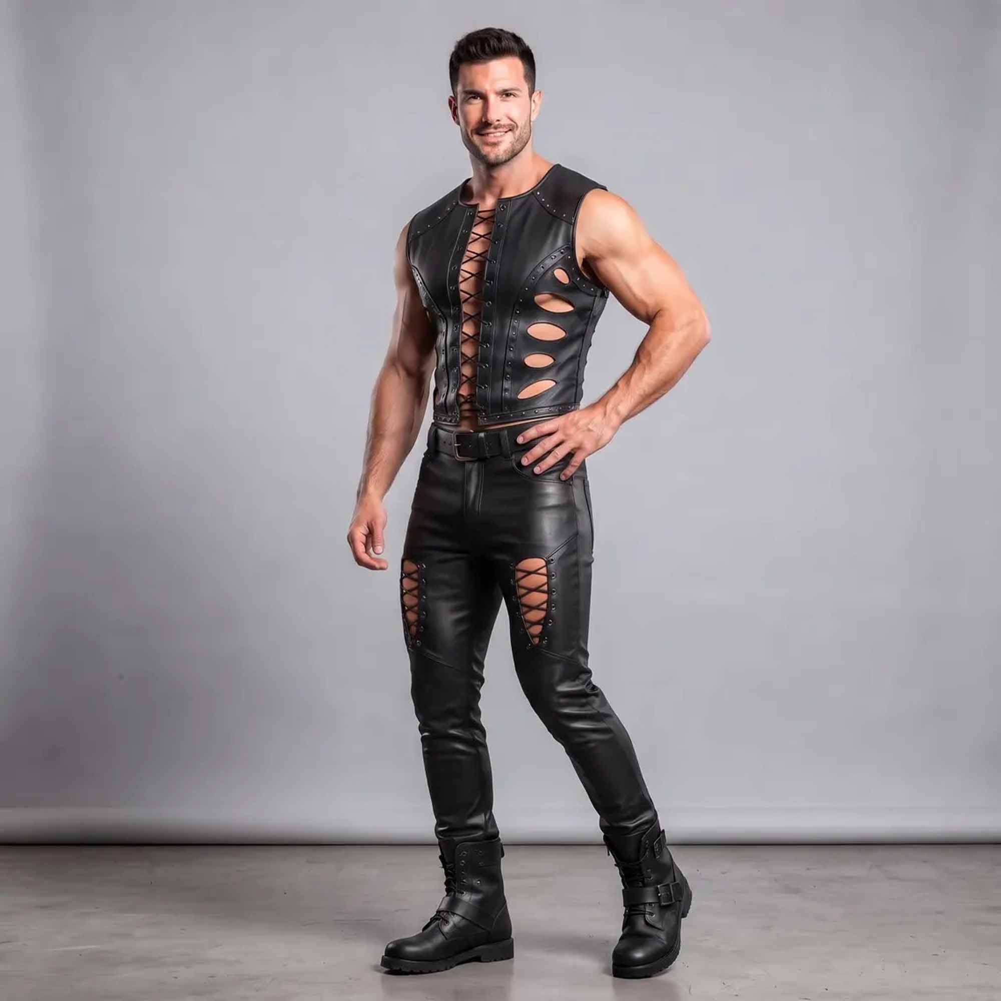 Full body shot of men's handmade punk rock leather outfit with front lacing and combat boots
