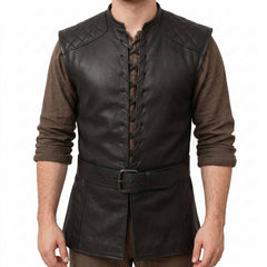Back view of man modeling black leather renaissance jerkin showing diamond quilted shoulder yokes, center back seam, and buckled waistband