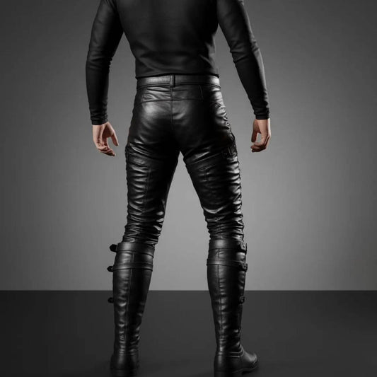 Back view of man wearing tailored black leather renaissance trousers showing reinforced saddle seat seams and buckled calf strap closures