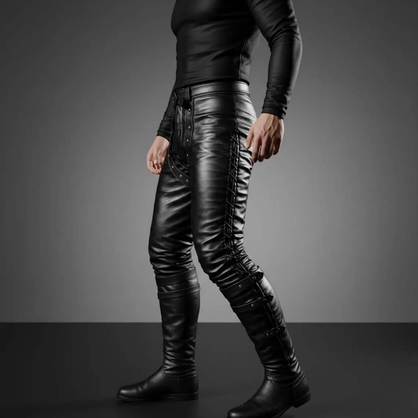 Front three-quarter perspective of black leather LARP warrior pants highlighting side-seam speed-lacing and gaiter-style buckled calves