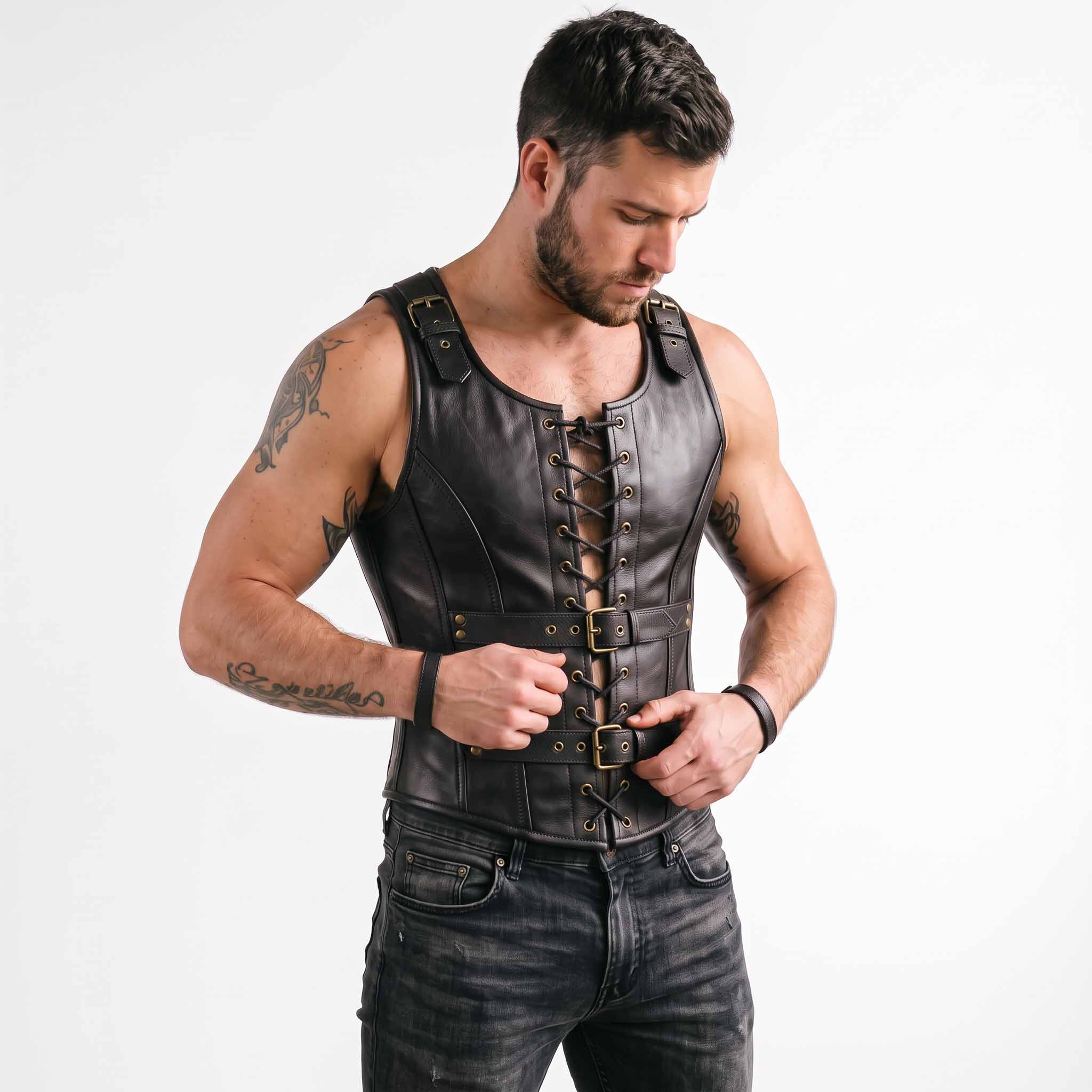 Close up front shot of man adjusting the antique brass roller buckle straps on black leather medieval armor tank top