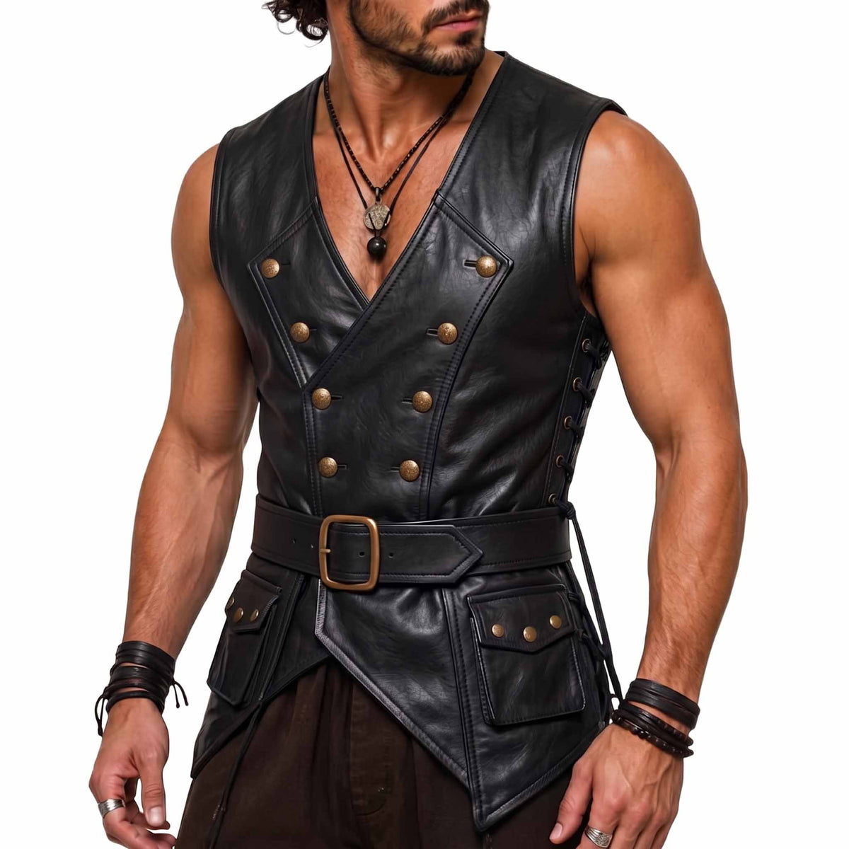 Athletic muscular man wearing handmade black leather medieval vest with double breasted brass buttons, waist belt, and cargo flap pockets