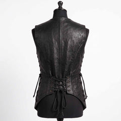 Back studio shot of black leather medieval doublet showing curved spine seams, side eyelet cords, and lower back corset ties