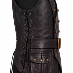 Close up side view of black leather vest detailing brass side lacing grommets, leather ties, roller buckle belt, and cargo hip pocket