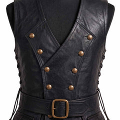 Macro close up of black leather medieval waistcoat chest highlighting double breasted embossed brass buttons and leather waist belt buckle