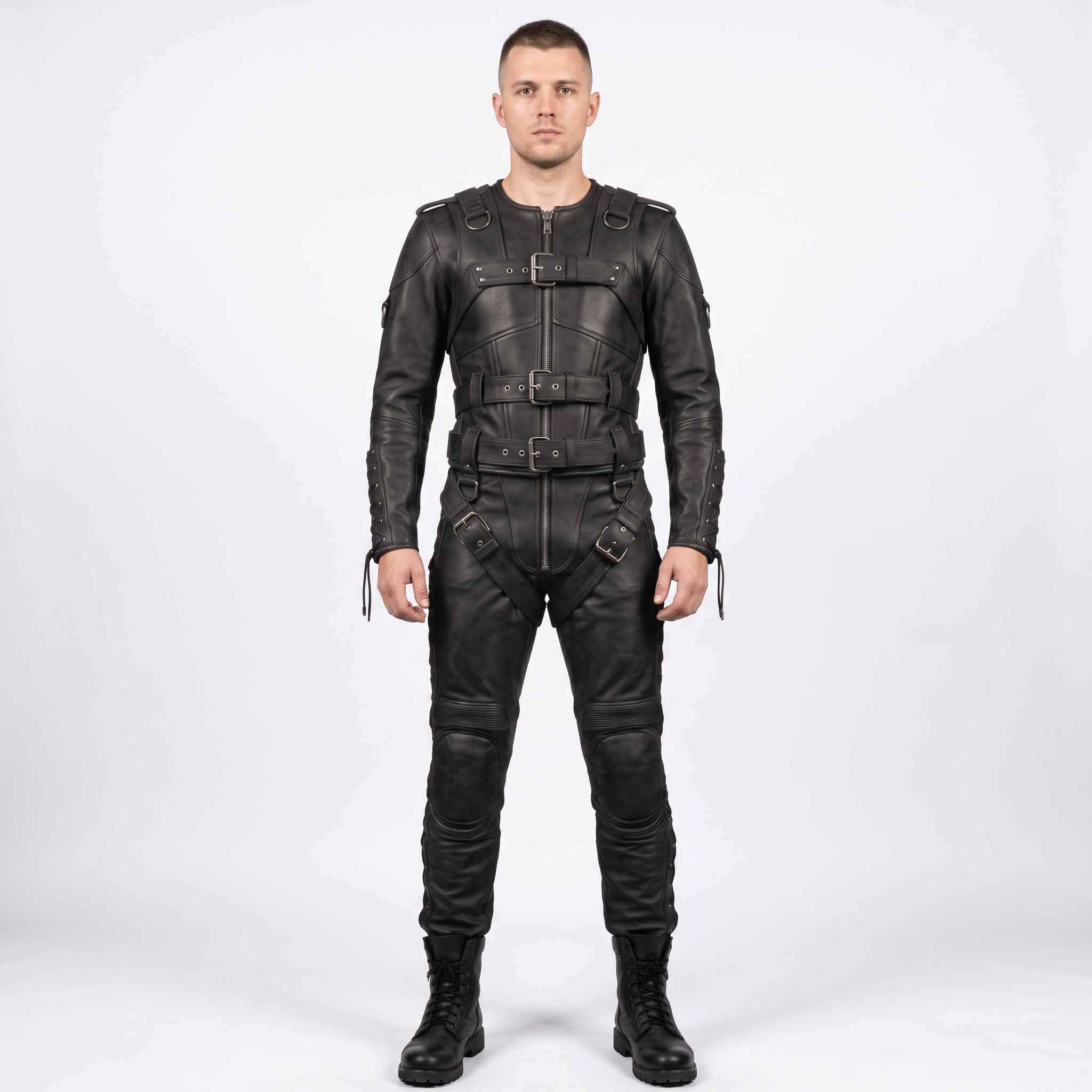 Full length front view of athletic man wearing handmade black cowhide leather restraint suit with front buckle straps, padded knees, and combat boots