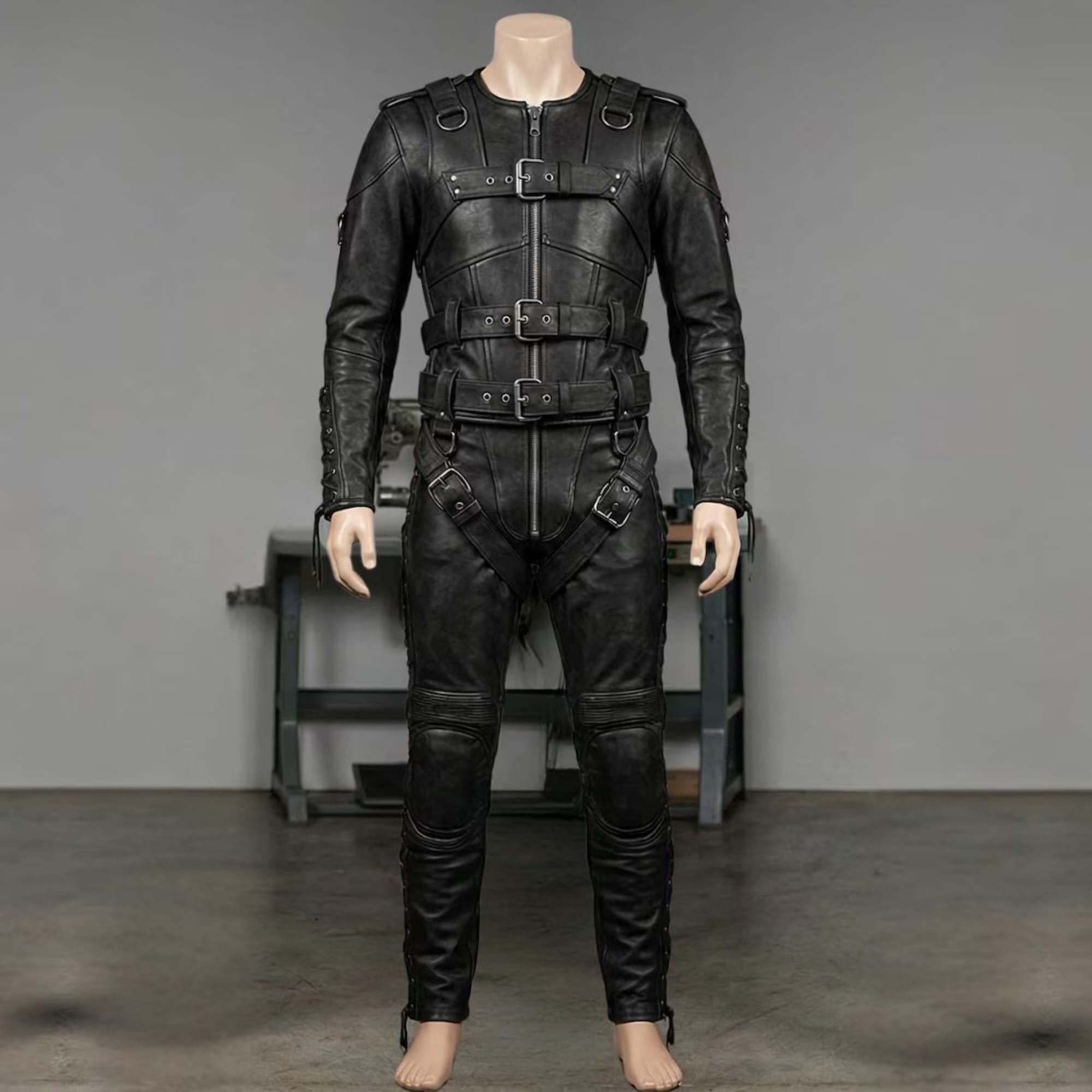 Front view of mens black leather restraint suit on tailor mannequin inside craft workshop highlighting heavy duty zippers and front roller buckles
