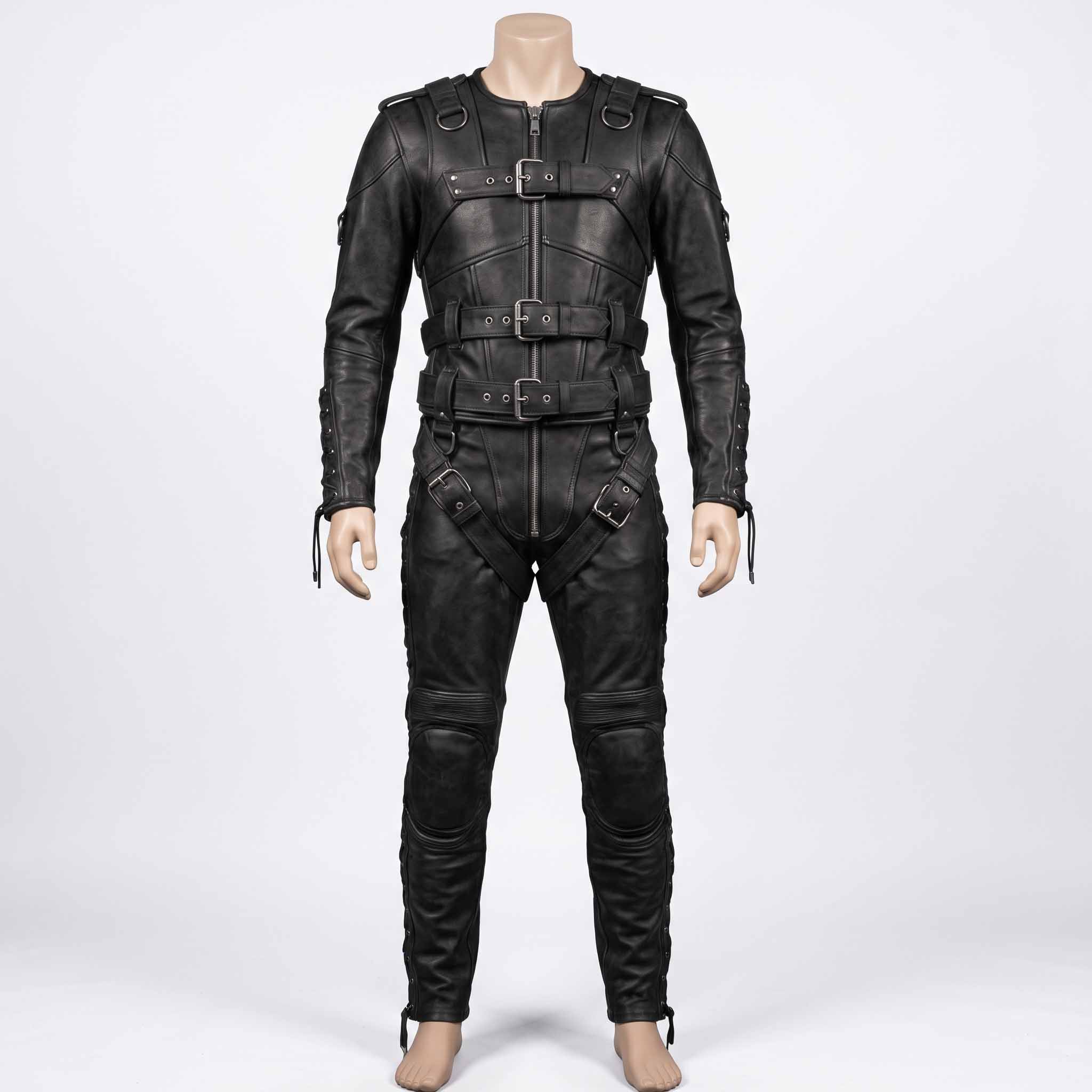 Studio shot of mens black leather restraint jacket and pants set on tailor mannequin highlighting triple chest buckles and thigh harness