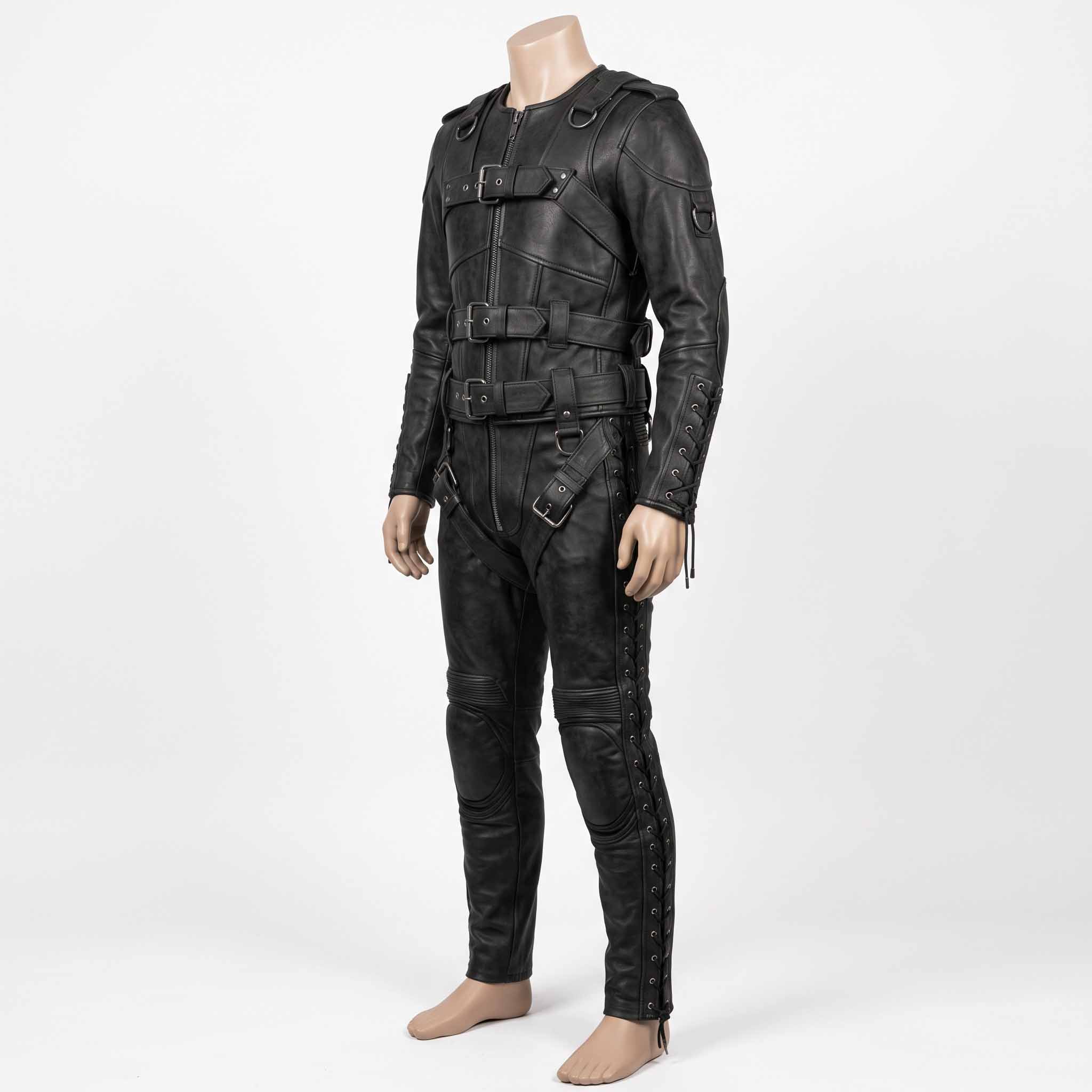 Three quarter profile of handmade black leather suit on mannequin showing sleeve cord lacing, accordion flex knees, and side leg eyelets