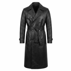Front studio shot of black genuine leather double breasted trench coat on invisible mannequin showing wide notch lapels and belted waist