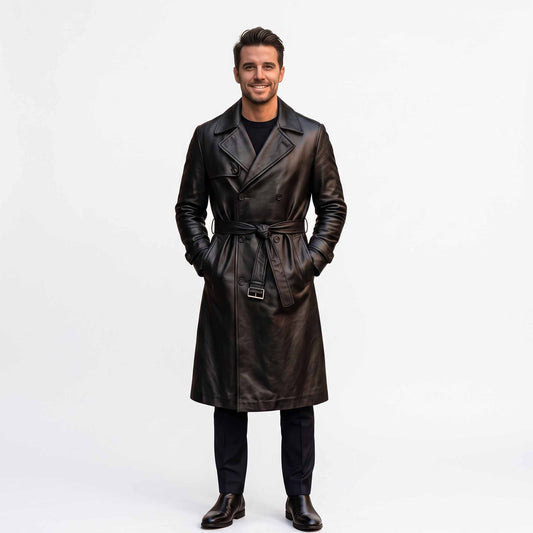 Full length front studio portrait of man modeling black leather double breasted trench coat with knotted belt and black dress boots