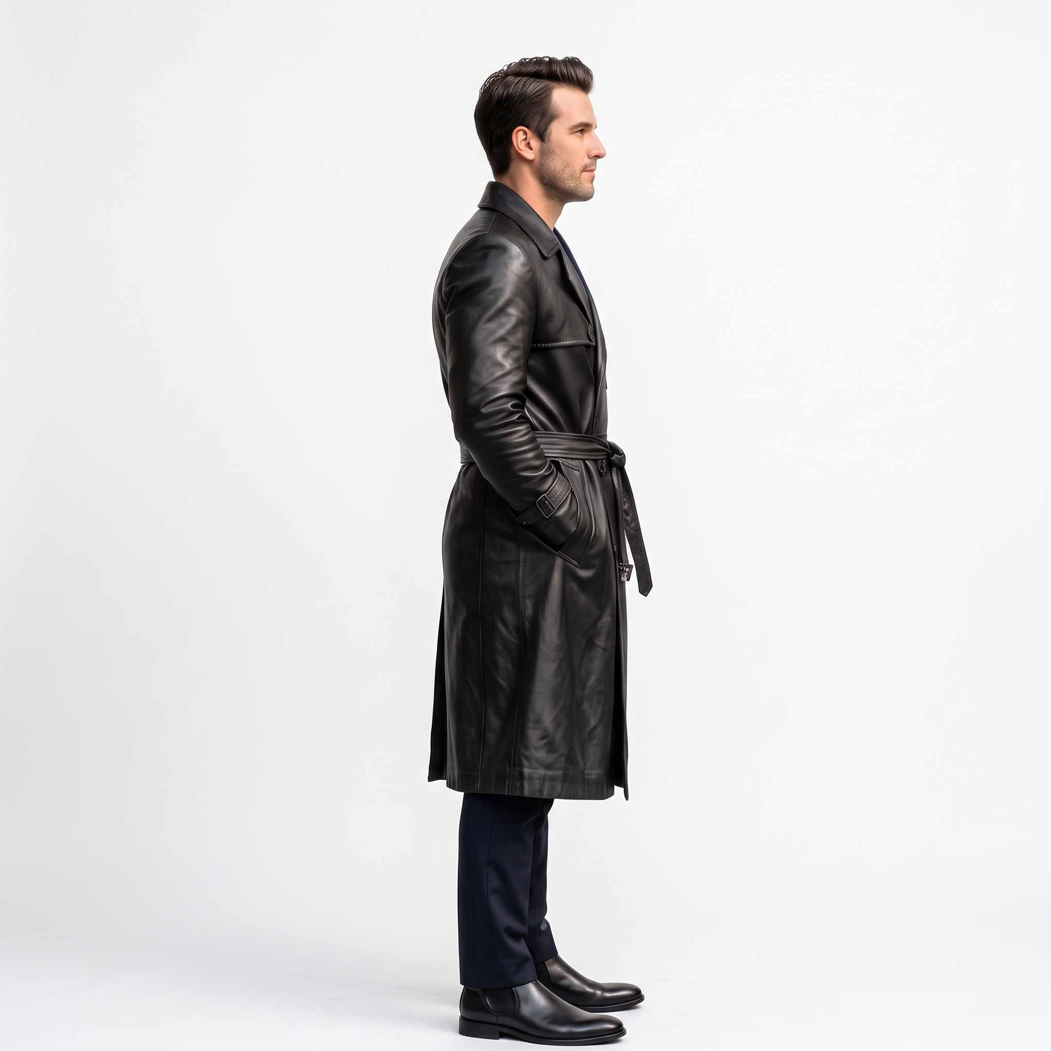 Side profile studio portrait of man wearing knee length black leather trench coat showing tailored sleeve tabs and waist belt
