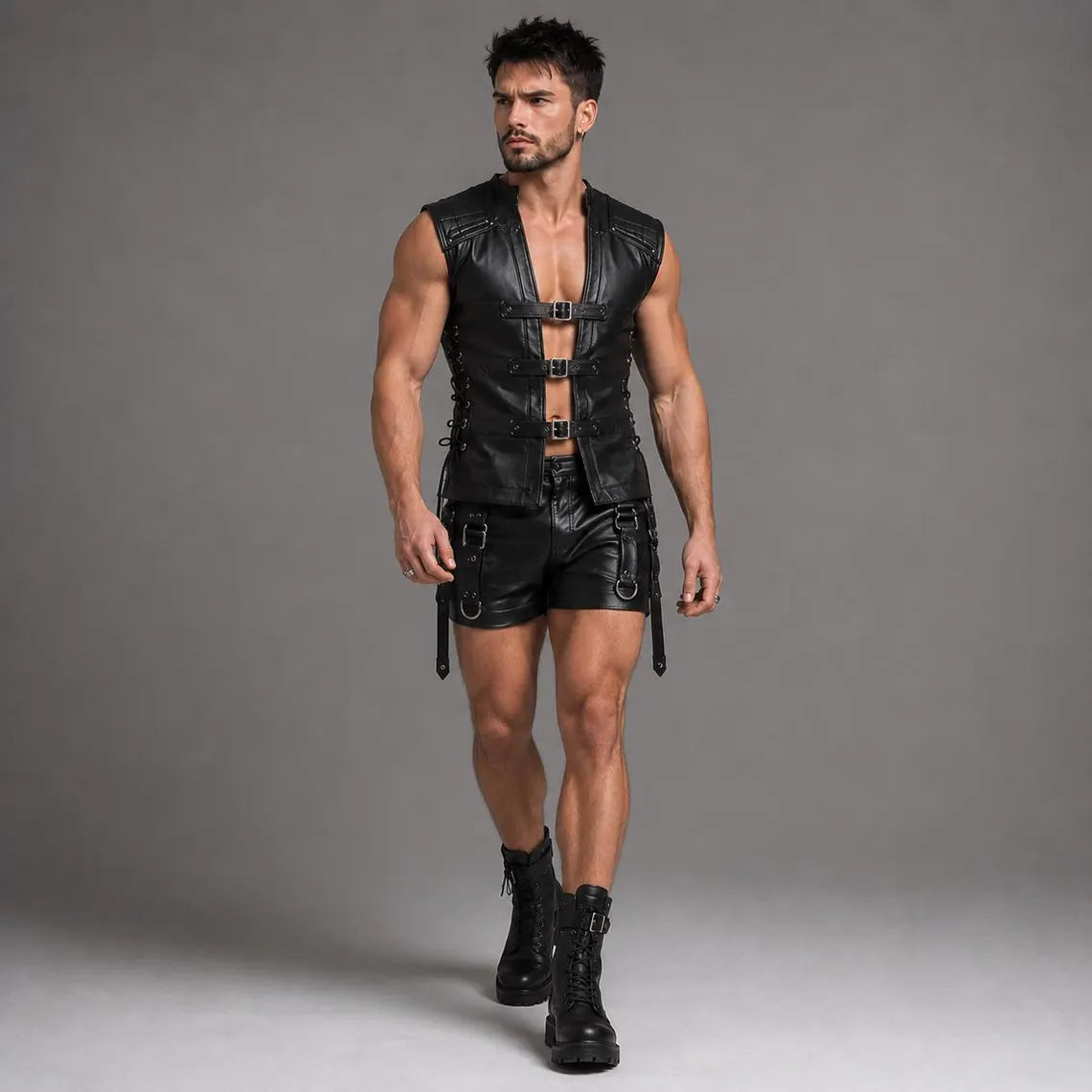 Fit man walking forward in black leather open chest buckle waistcoat and short tactical biker pants
